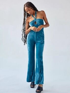 Urban Outfitters UO Blue Sasha velvet velour halter Tie Jumpsuit Festival SMALL